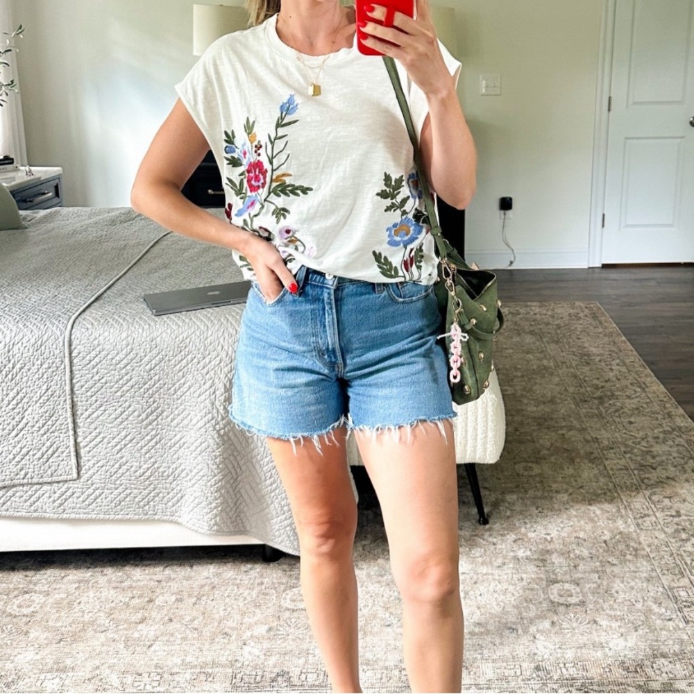 Anthropologie White Tee with Multicolor Floral Embroidery